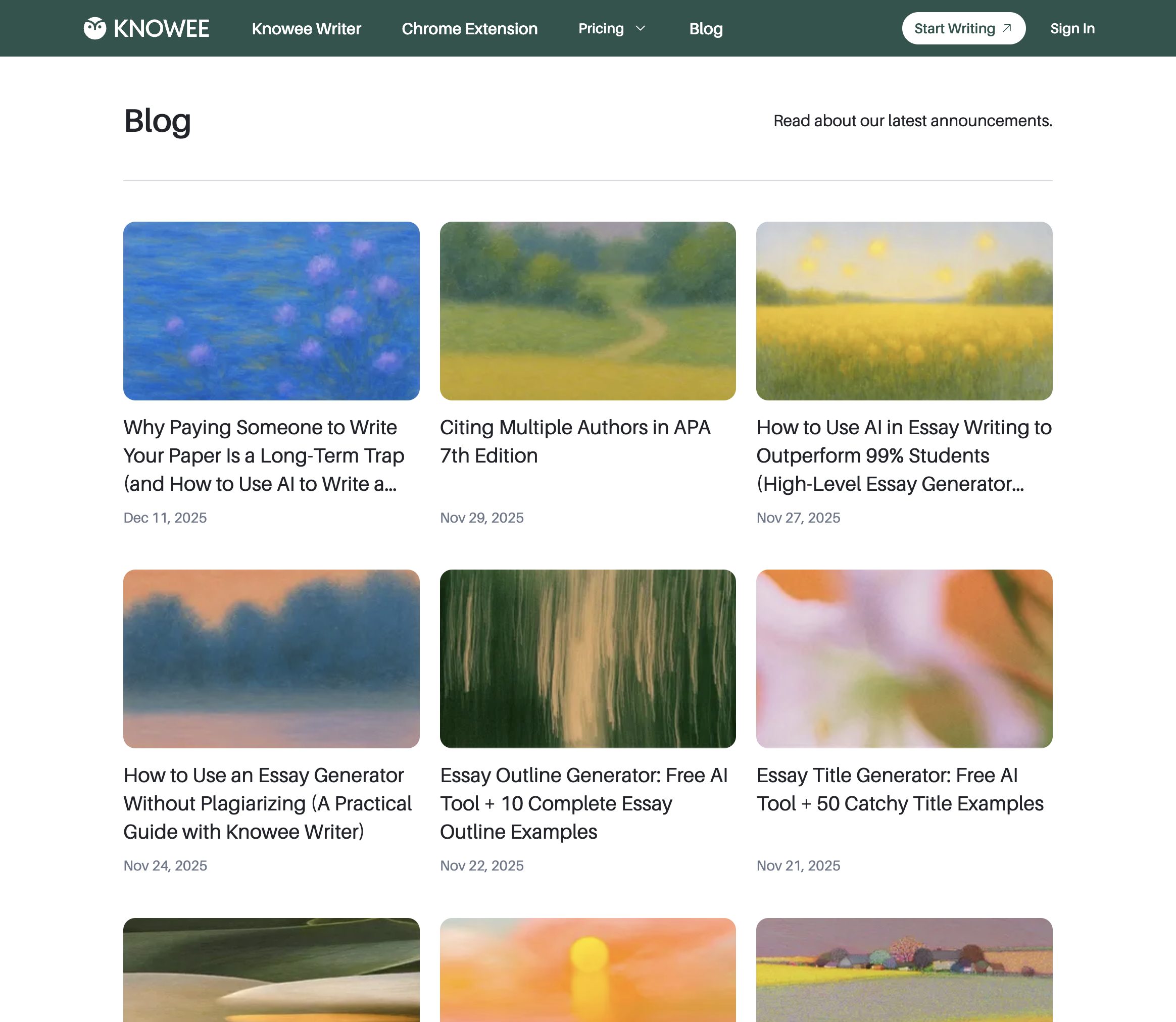 Blog index — editorial grid of painterly cover images, serif headers, date-only metadata