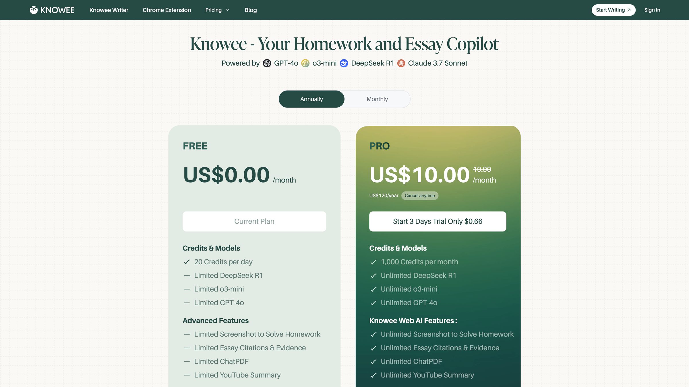 Pricing — Free & Pro tiers with transparent model list