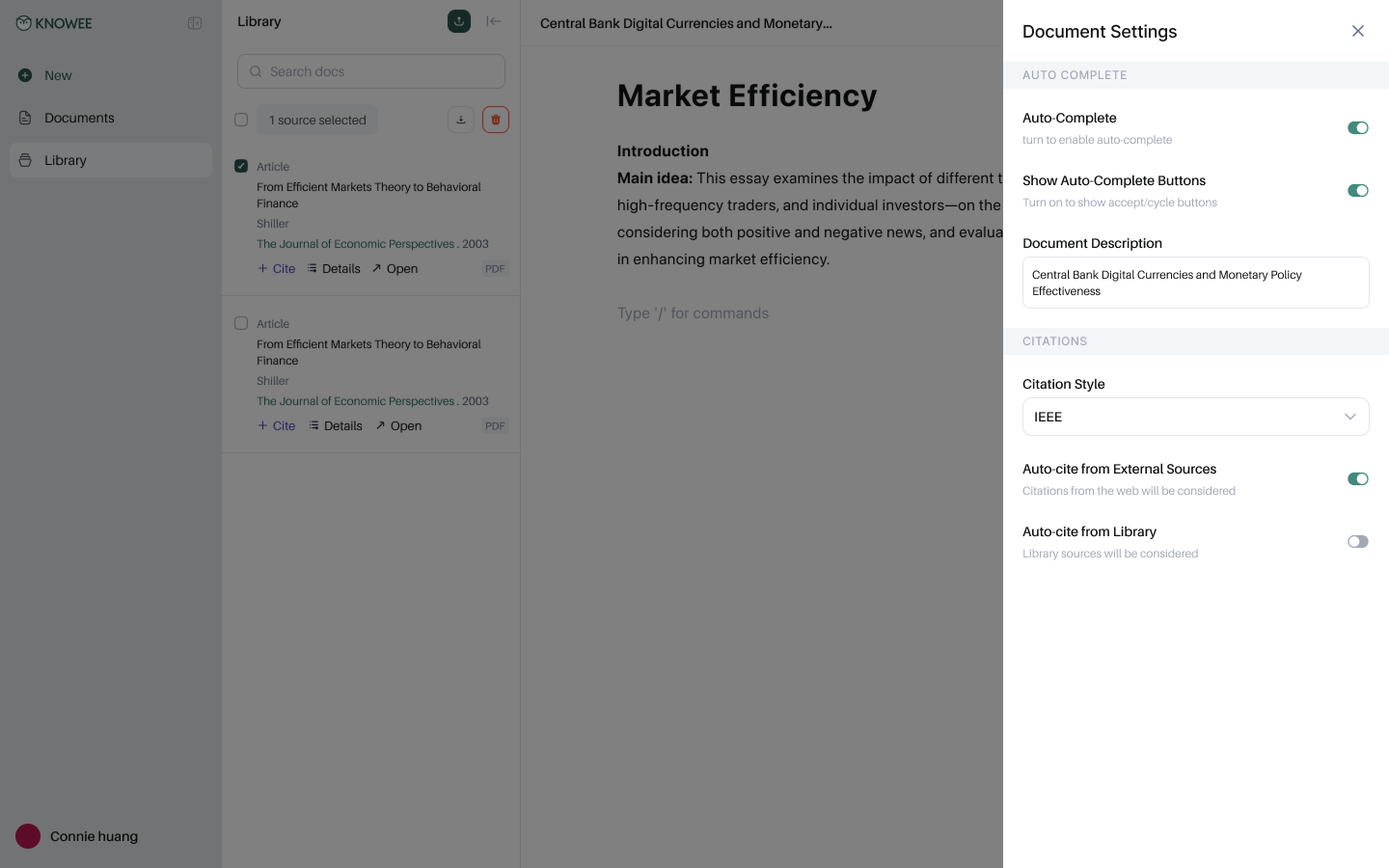 Document settings: auto-complete and auto-citation toggles
