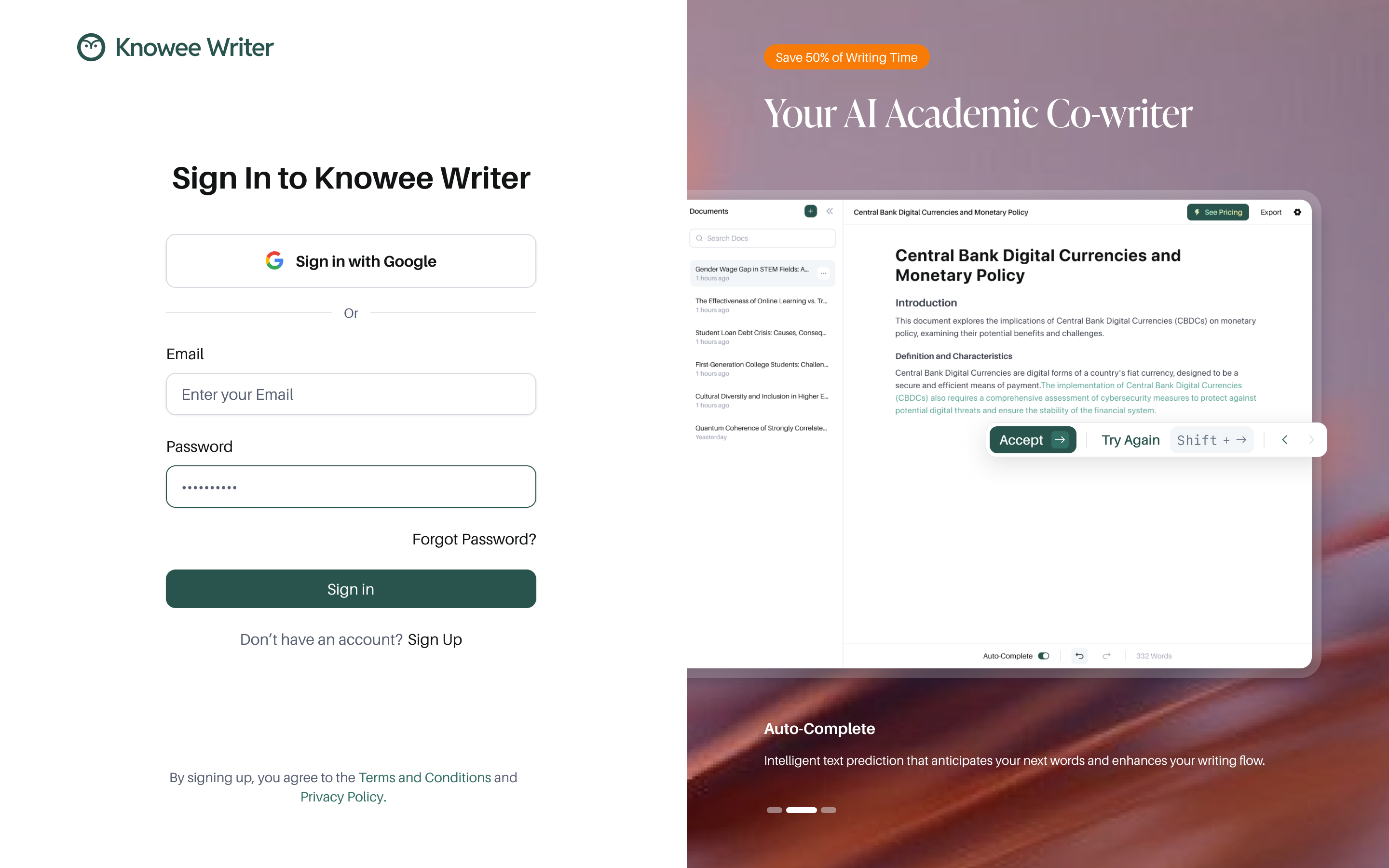 Split sign-in page with value carousel