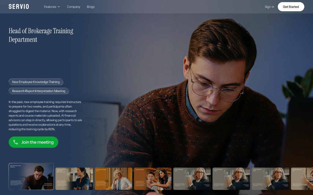 SERVIO virtual meeting room — AI financial advisor in session